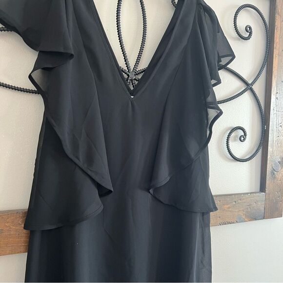 BCBGeneration V Neck Plunge Flutter Sleeve Waterfall Ruffle Mini Black Dress - Picture 5 of 12